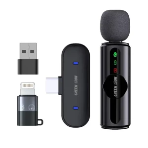 میکروفون یقه ای بی سیم تک کاربره گرین لاین مدل GM 75X رابط Type-C و Lightning و USB-A
